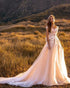Champagne Tulle Wedding Dress Open Back Cap Sleeves Lace Appliques Summer Garden Boho Tulle Bridal Gowns